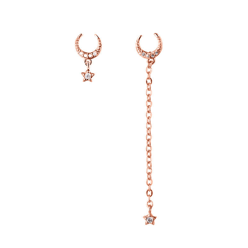 Asymmetrical Diamond Star Moon Earrings with Tassels