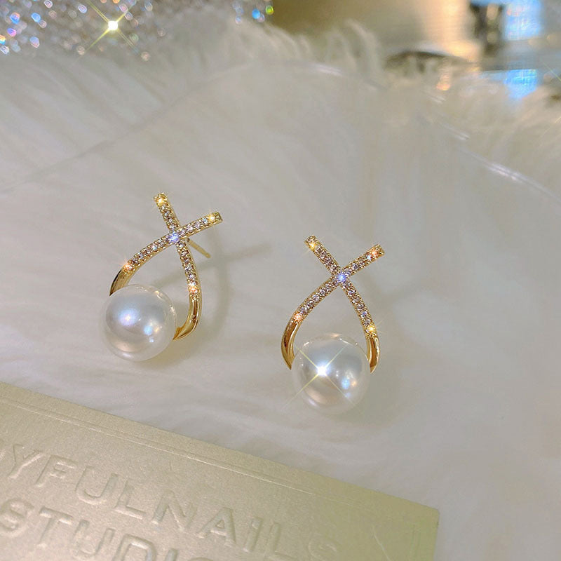 925 Silver Needle Pearl X Letter Earrings for Women
