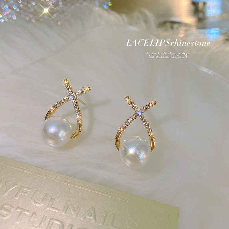 925 Silver Needle Pearl X Letter Earrings for Women