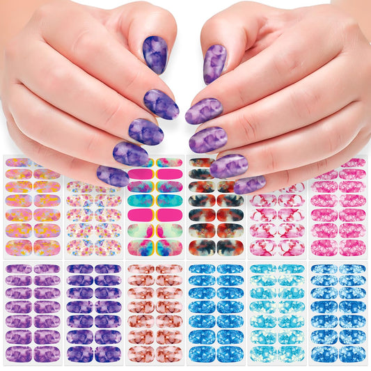 DANNEASY 12 Sheets Iridescent Nail Polish Stickers Full Nail Wraps for Women Colorful Marble Fingernails Wrap Self Adhesive Nail Polish Strips Gel Nail Strips with Nail File Cuticle Stick