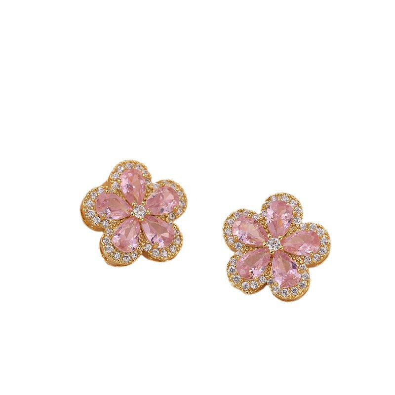 Pink Zircon Flower Pendant Necklace Set for Women