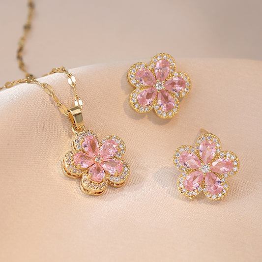Pink Zircon Flower Pendant Necklace Set for Women