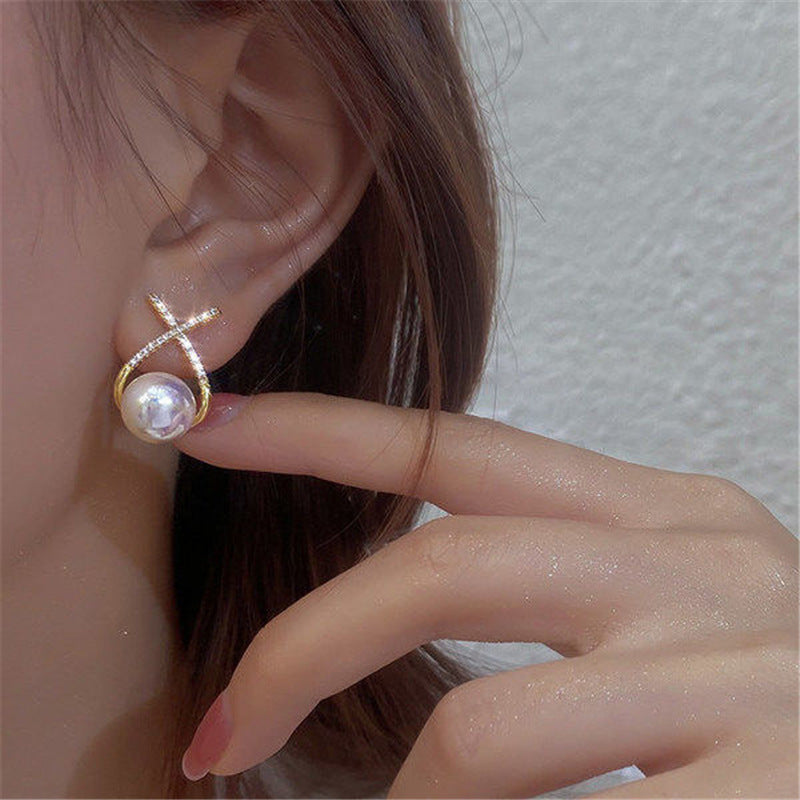 925 Silver Needle Pearl X Letter Earrings for Women