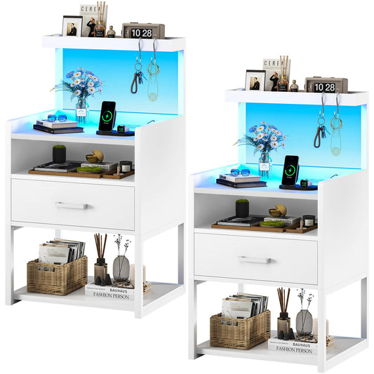 AOGLLATI Nightstand Set of 2 with Charging Station White Night Stands for Bedroom Set of 2 Bedside Table with Storage Drawer and LED Light End Side Table with USB Ports Easy Assembly