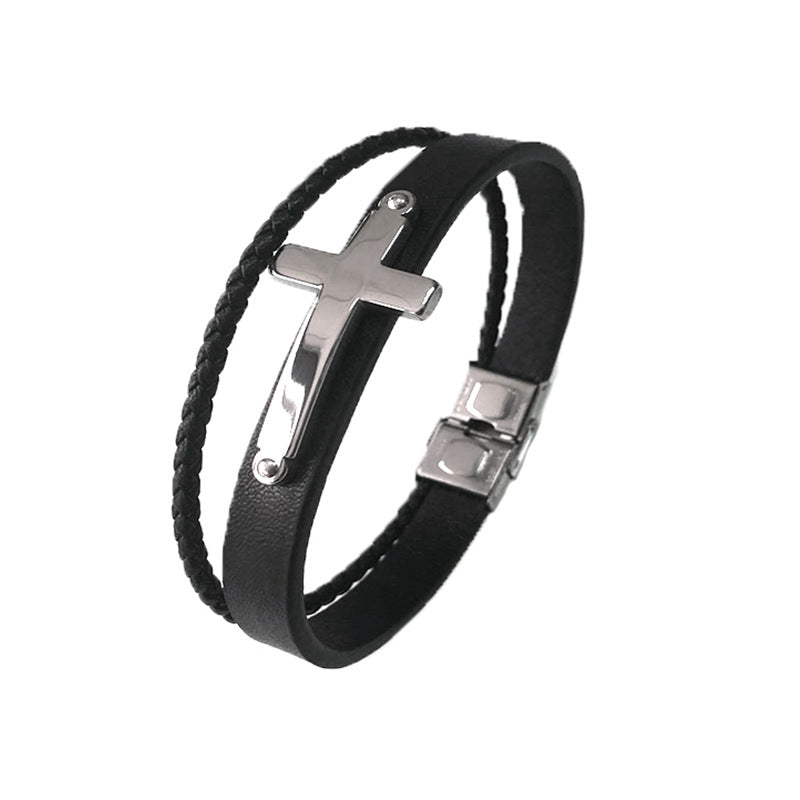 Classic Leather Titanium Steel Men's Bracelet with Weave