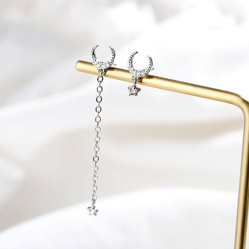 Asymmetrical Diamond Star Moon Earrings with Tassels