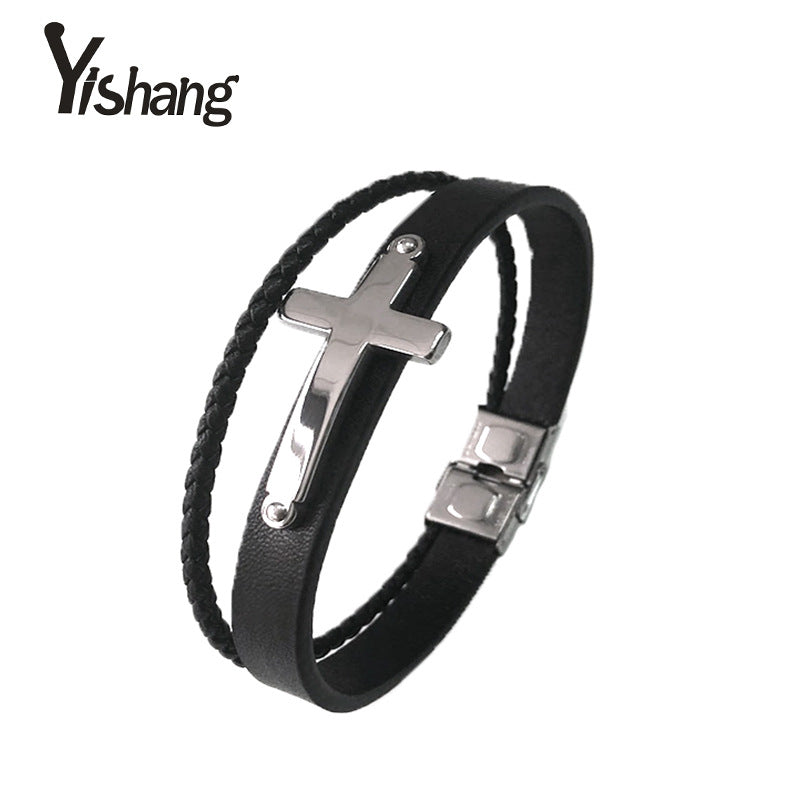 Classic Leather Titanium Steel Men's Bracelet with Weave