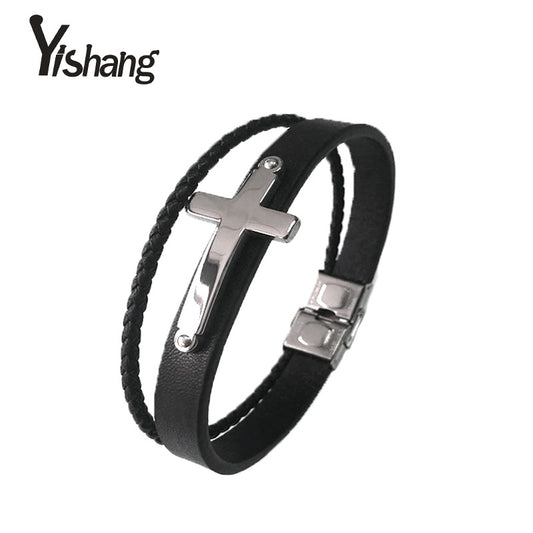 Classic Leather Titanium Steel Men's Bracelet with Weave