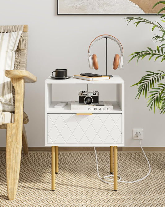 Aienvey Nightstand with Charging Station Small Side Table Modern Night Stand with Drawers Bedside Table for Bedroom Living Room End Table White Diamond