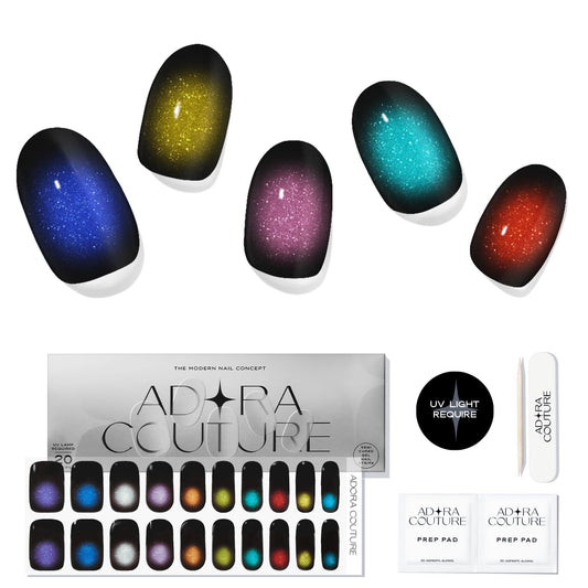 Adora Couture Semi Cured Gel Nail Strips with 20 Pieces Salon Quality Nail Wraps for Women Colorful Cateye Tip UV Gel Nail Stickers| UV Light Required Gemstone