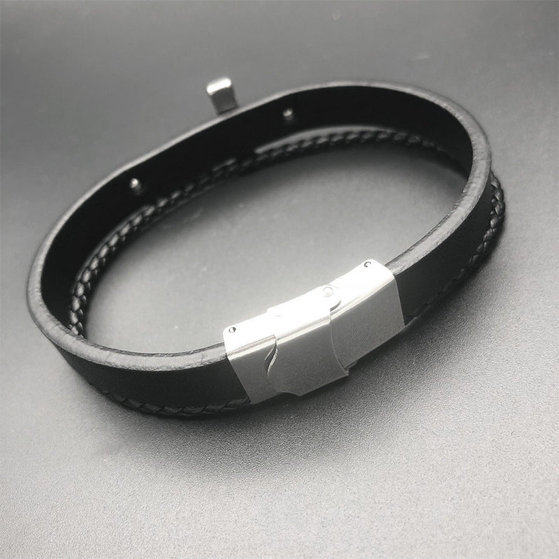 Classic Leather Titanium Steel Men's Bracelet with Weave