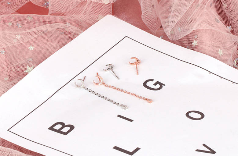 Asymmetrical Diamond Star Moon Earrings with Tassels