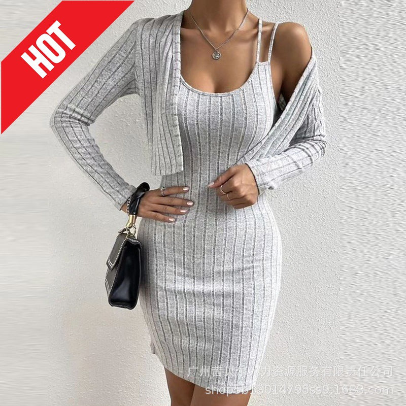 Women's Long Sleeve Cardigan & Bodycon Dress Set