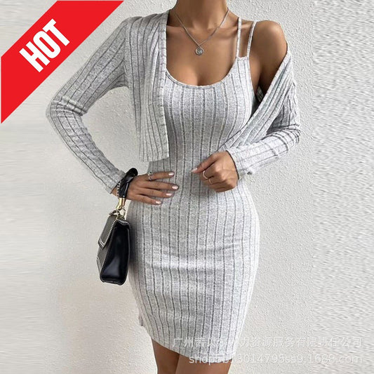 Women's Long Sleeve Cardigan & Bodycon Dress Set