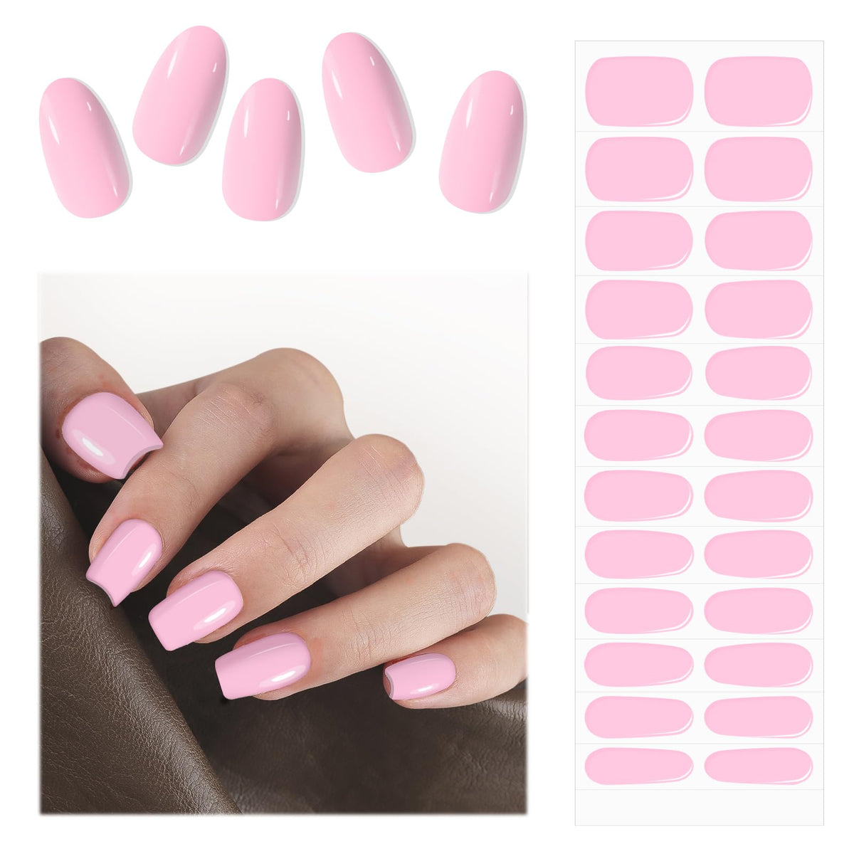 EBANKU Semi Cured Gel Nail Strips 24PCS Pink UV Gel Nail Stickers Gel Nail Wraps for Women Nail DIY Salon-Quality Nail Strips with Nail File Nail Stick- UV Light Required