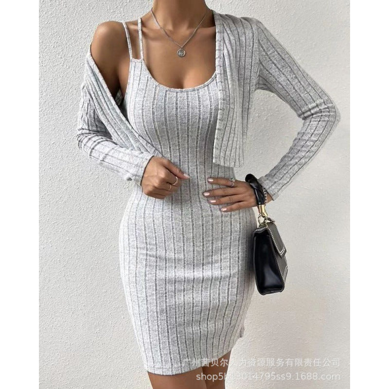 Women's Long Sleeve Cardigan & Bodycon Dress Set