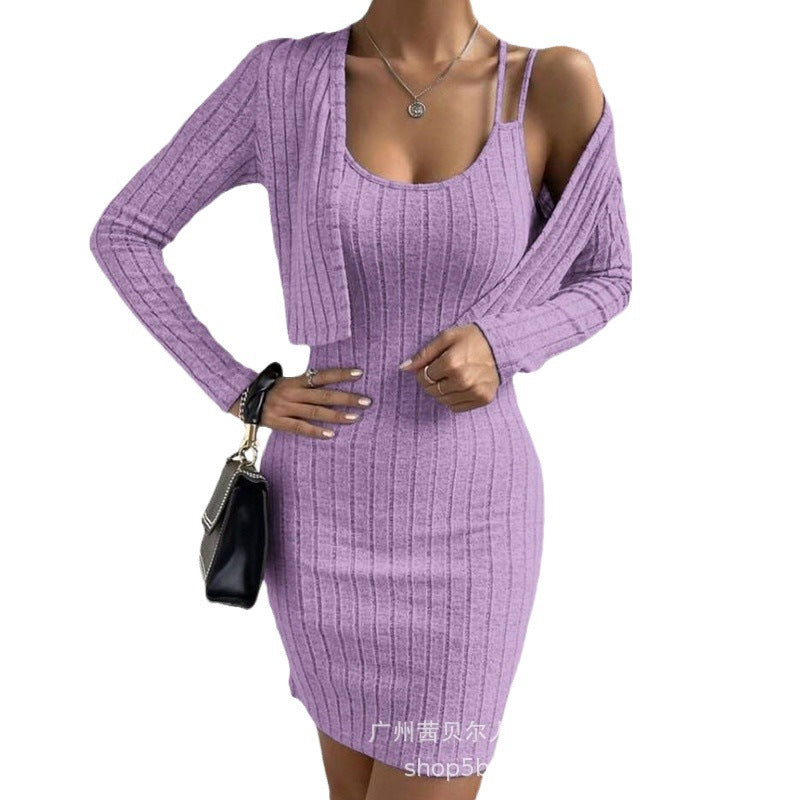 Women's Long Sleeve Cardigan & Bodycon Dress Set