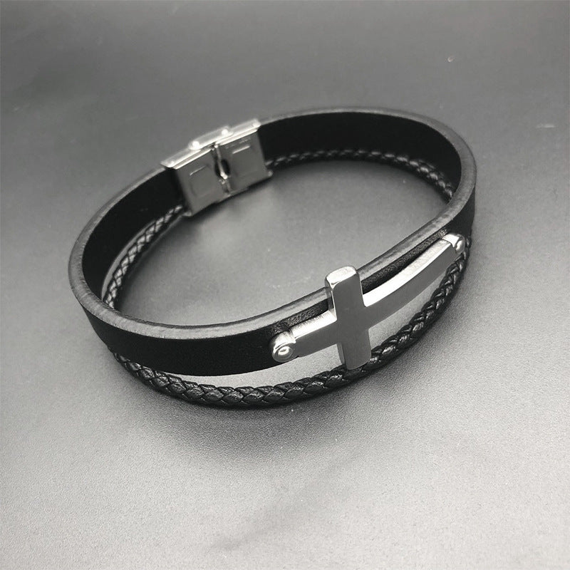 Classic Leather Titanium Steel Men's Bracelet with Weave