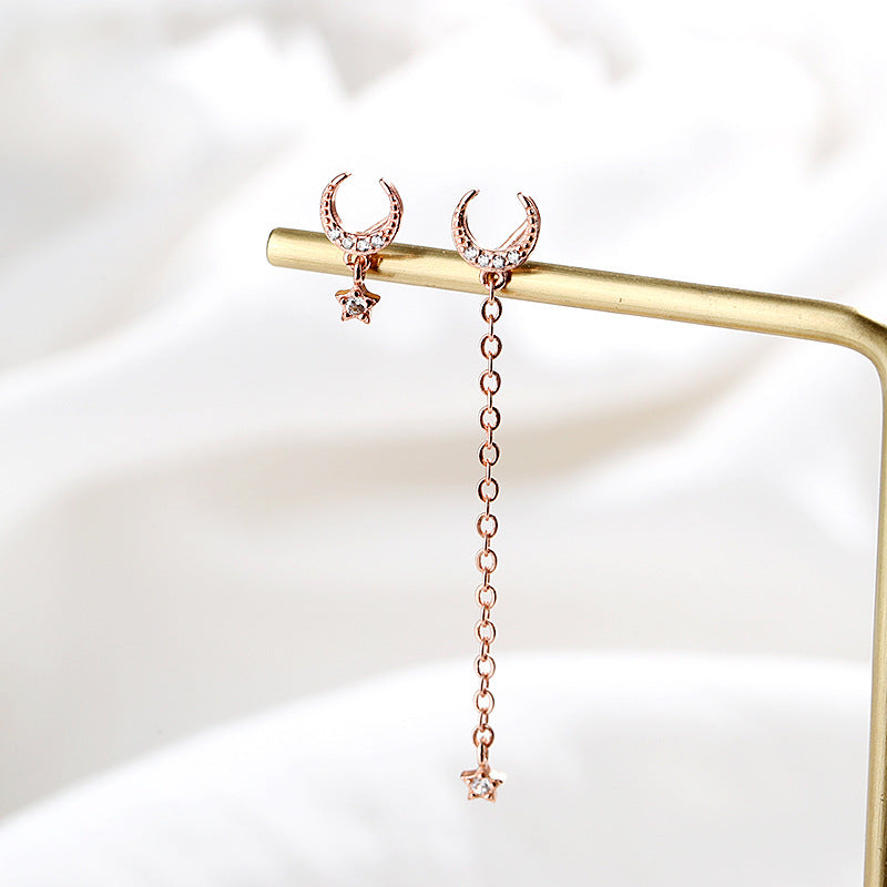 Asymmetrical Diamond Star Moon Earrings with Tassels