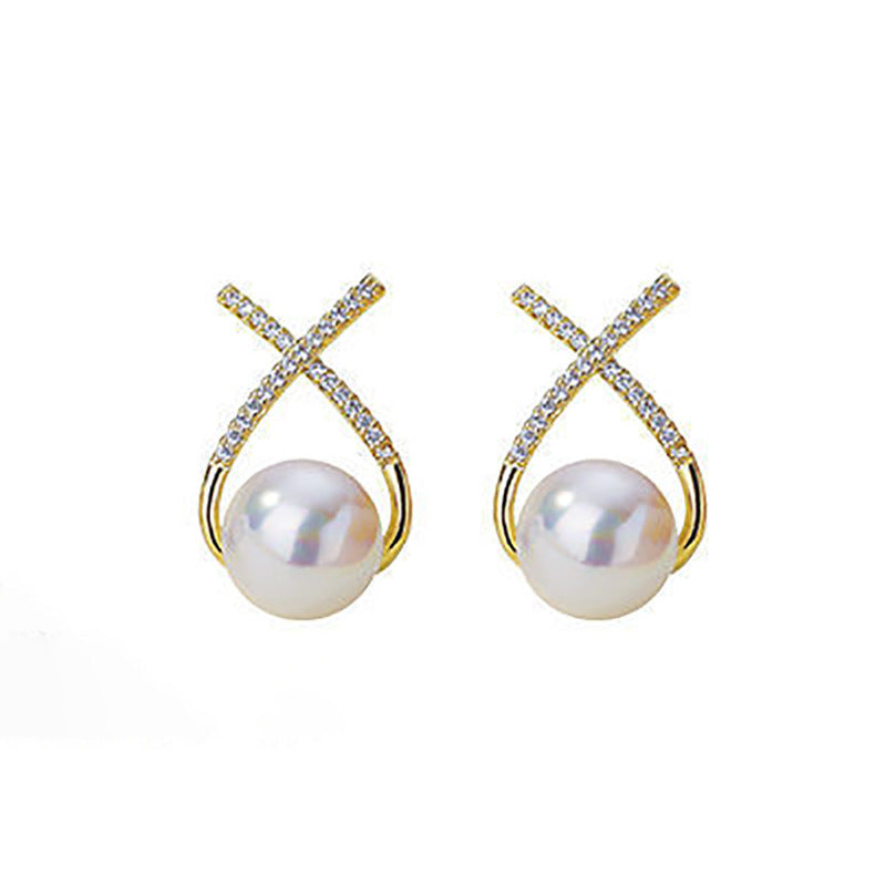 925 Silver Needle Pearl X Letter Earrings for Women