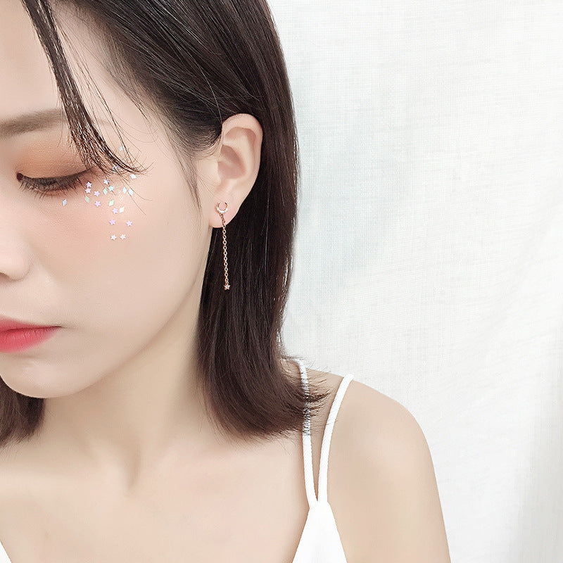 Asymmetrical Diamond Star Moon Earrings with Tassels