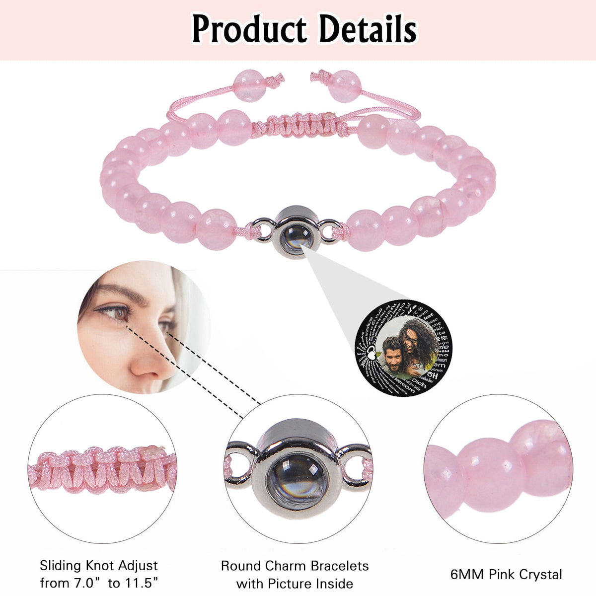 "Custom Photo Projection Bracelet in 100 Languages"