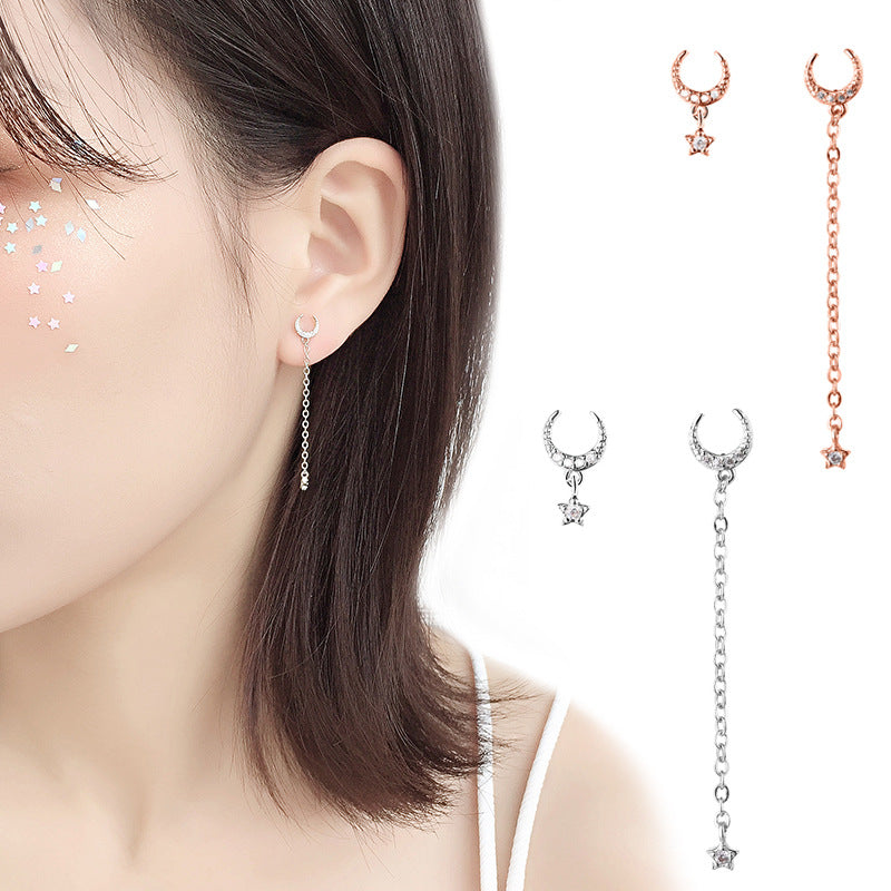 Asymmetrical Diamond Star Moon Earrings with Tassels