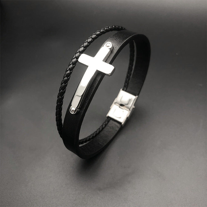 Classic Leather Titanium Steel Men's Bracelet with Weave
